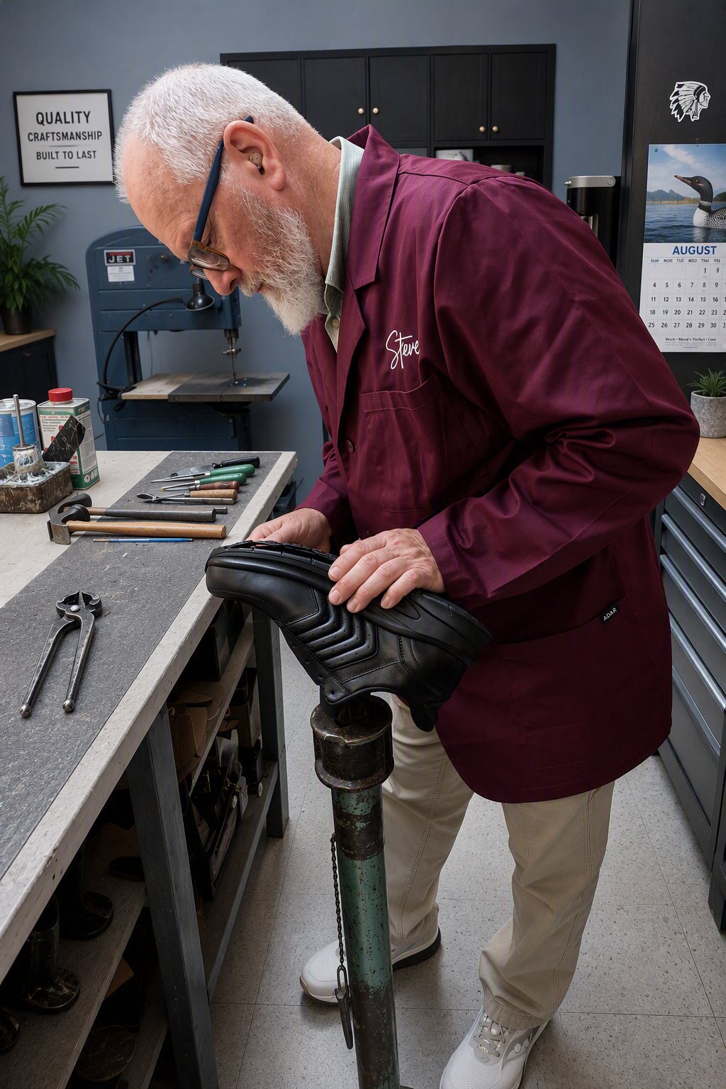 Steve working a shoe on the last stand at the bench