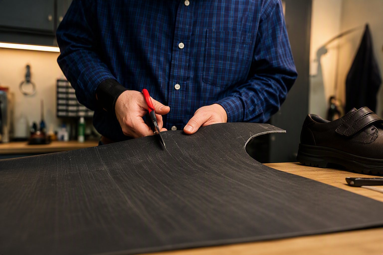 Sole material being cut to shape on the bench