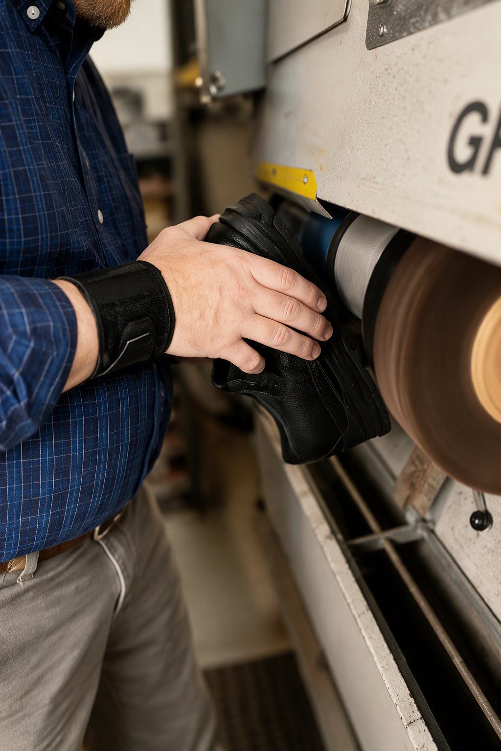 A shoe sole being ground on the finishing machine