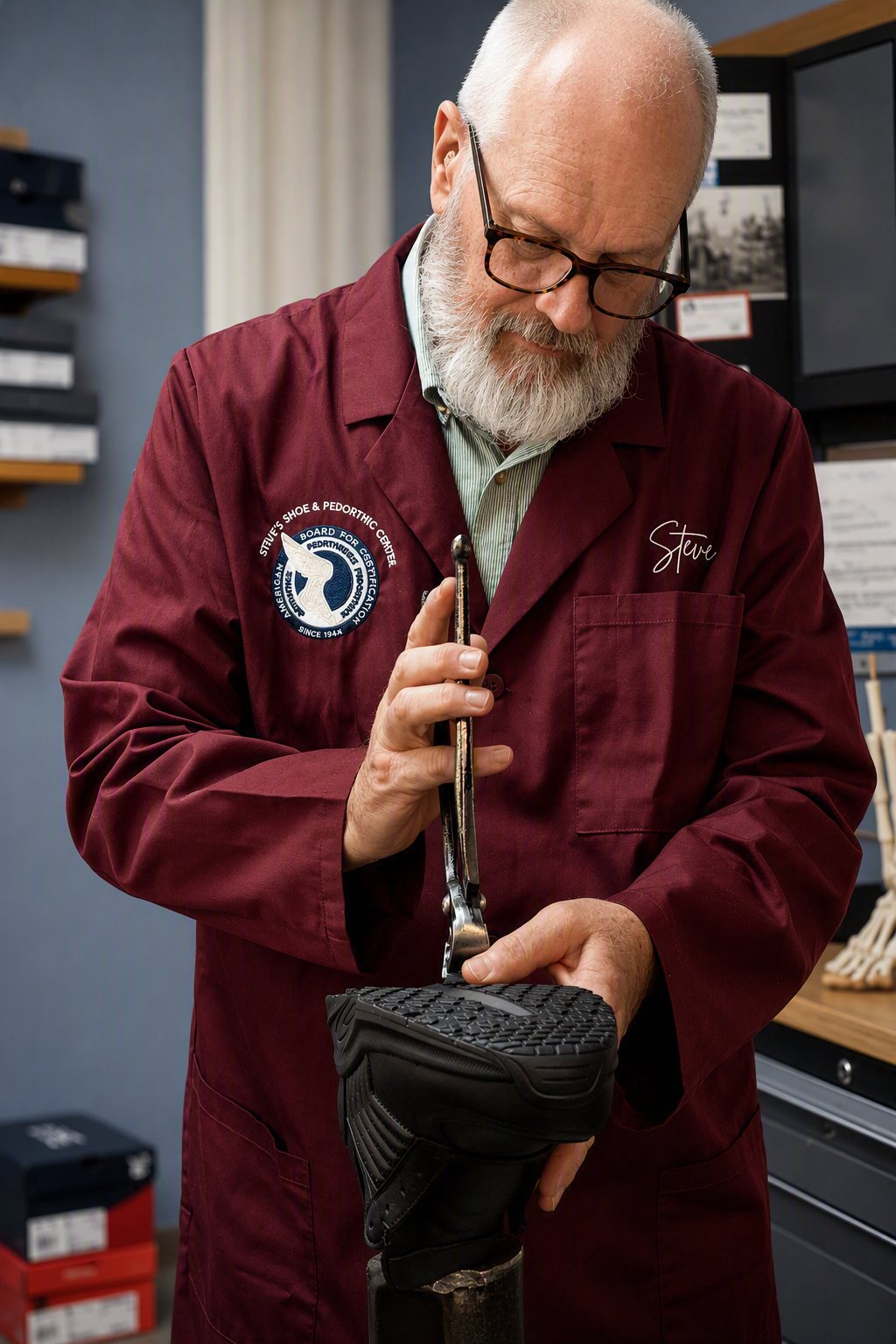 Steve working a shoe sole with pincers
