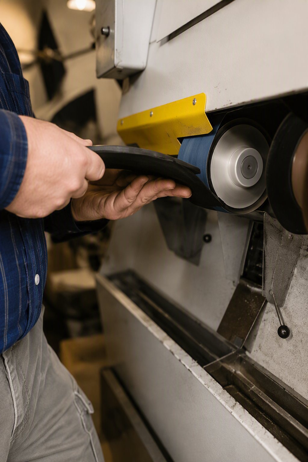 A sole piece being sanded on the finishing machine