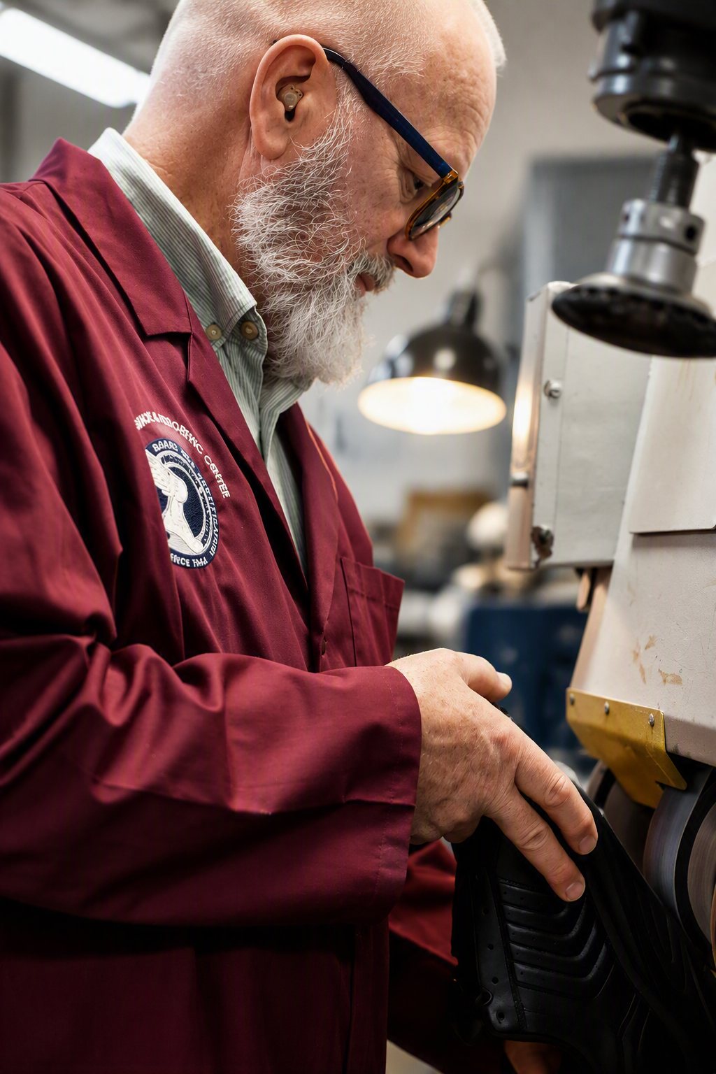 Steve grinding a shoe sole on the finishing machine