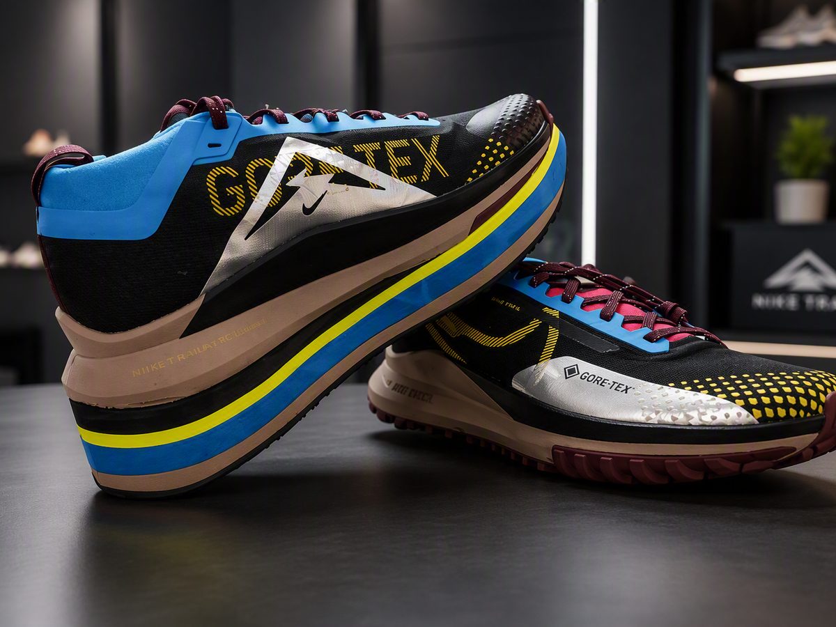 A pair of running shoes with a built-up sole modification