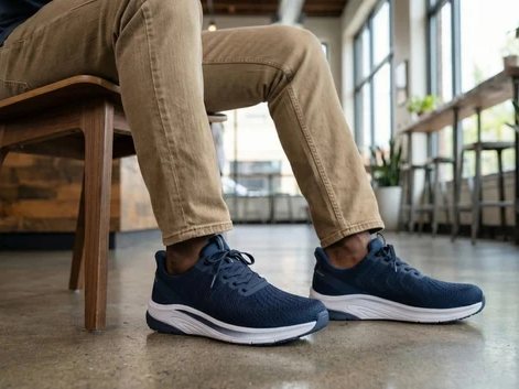 A pair of navy Orthofeet therapeutic shoes worn seated